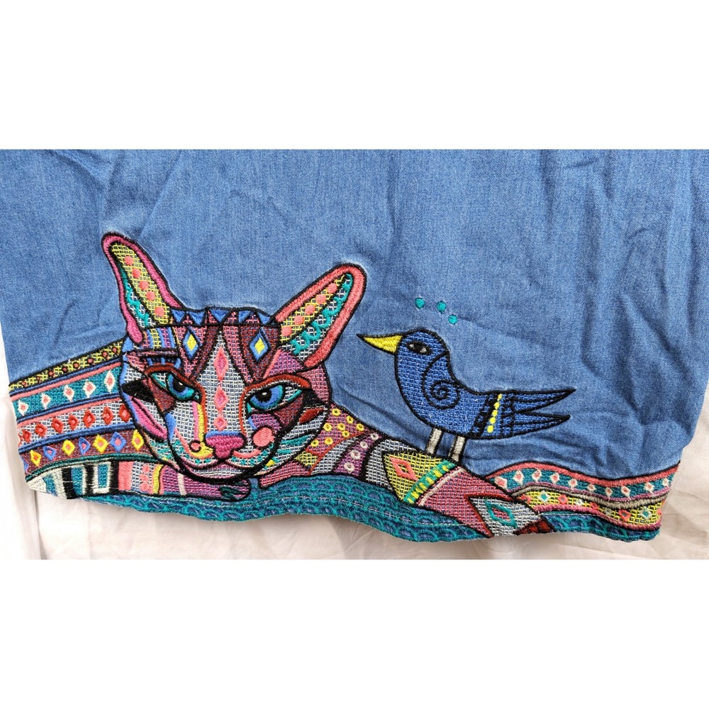 Liebo Denim Embroidered Cat Bird Pinafore Dress Blue Medium V-Neck Jumper